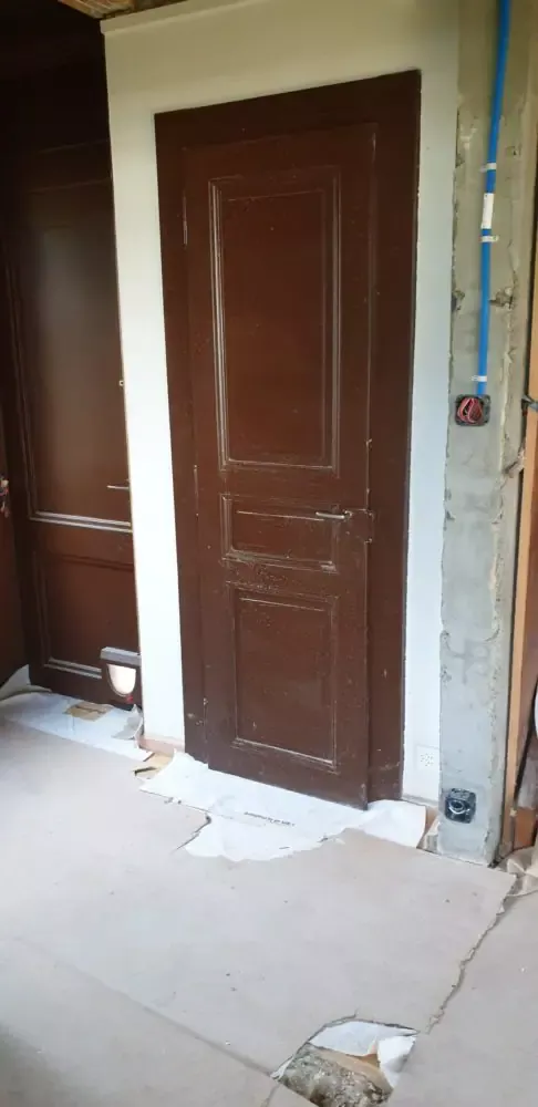 Décapage chimique, aérogommage et ponçage sur ancienne porte en sapin recouverte d&rsquo;une peinture couvrante – 1196 Gland