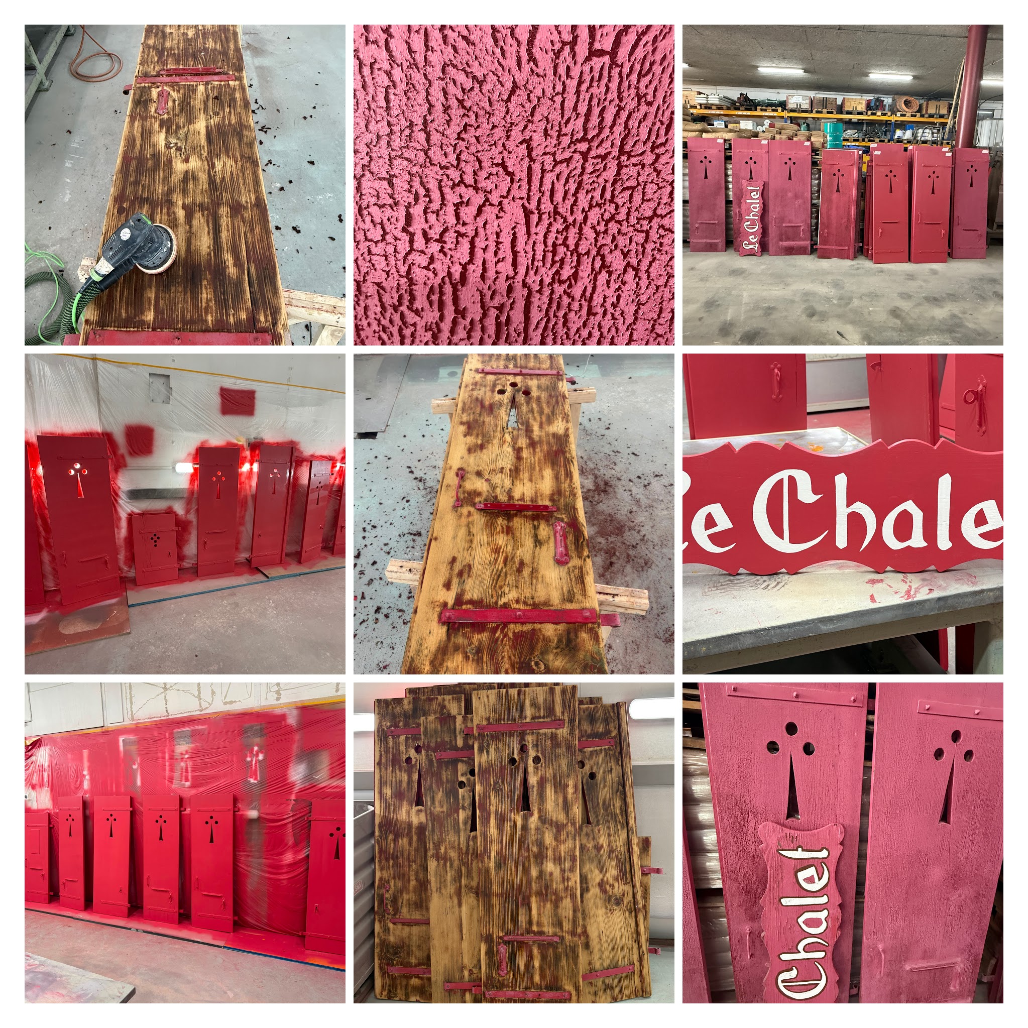 Décapage thermique et remise en peinture rouge chalet de volets en bois à l'atelier d'Etoy Vaud