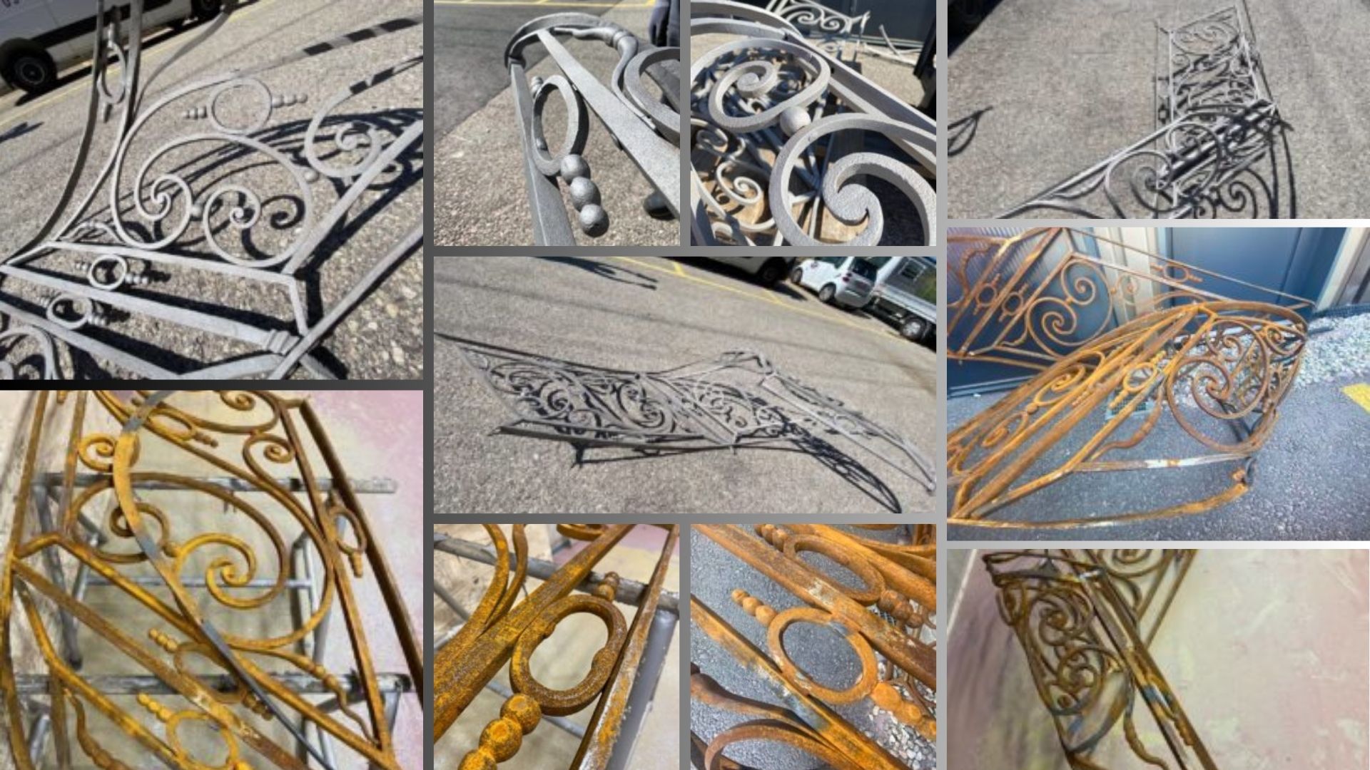 Aérogommage et dégraissage de barrière en fer forgé neuve avant thermolaquage à l'atelier d'Etoy
