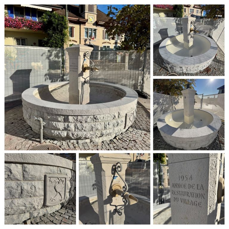 Aérogommage fontaine communale à Saubraz : détail du déverseur en cuivre et de l'inscription de 1954