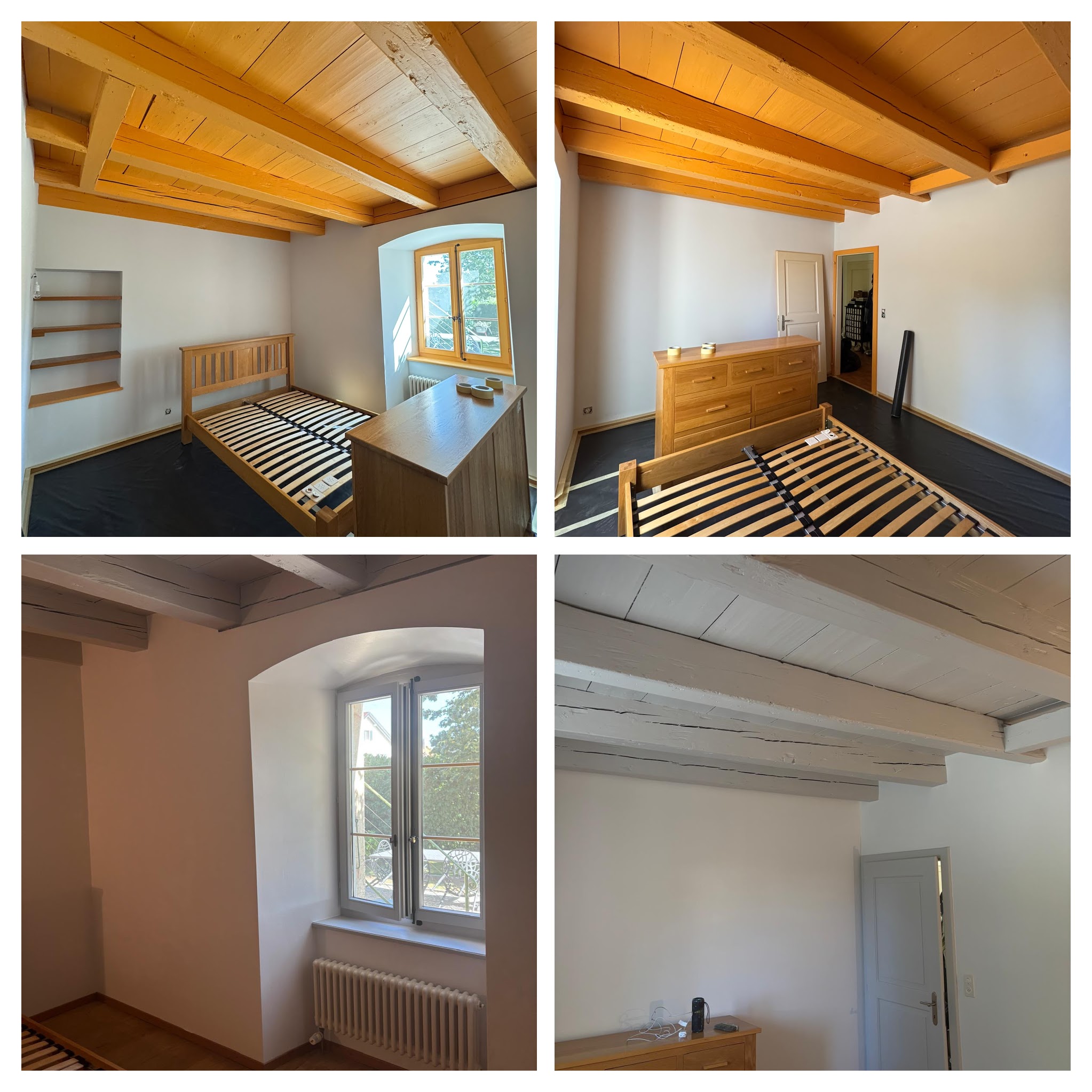 Titre : Avant-après peinture poutres apparentes, maison de village Vaud Texte alternatif : Peinture poutres apparentes Vaud, avant-après rénovation charpente et murs