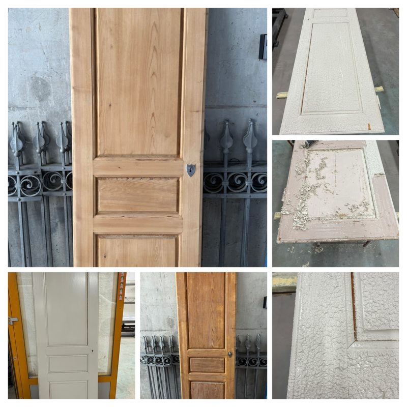 Étapes du décapage chimique d'une porte d'armoire : peinture au plomb plissée, grattage, bois naturel retrouvé